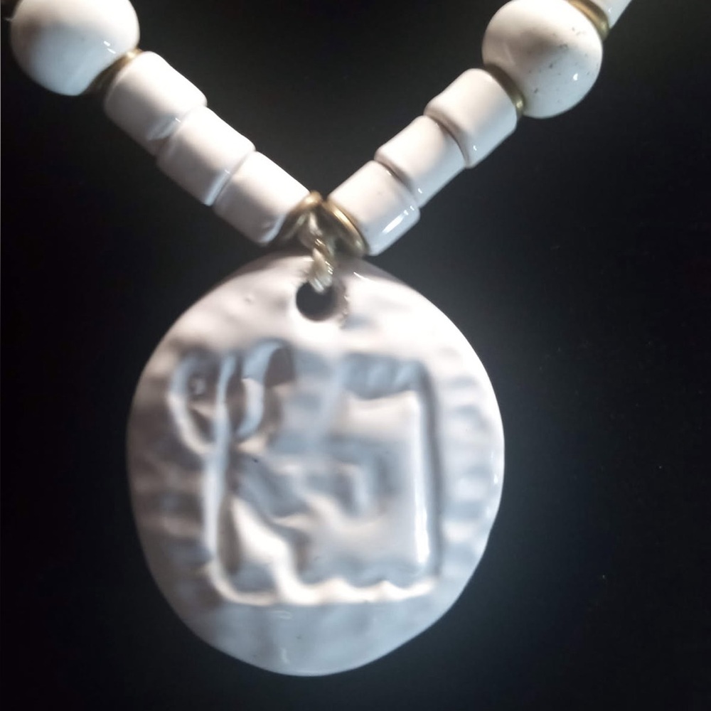 Vintage Ceramic White Gloss Beads and Hieroglyphics Pendant Necklace - Picture 3 of 3